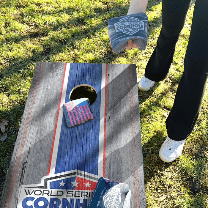 Recreational Cornhole Set World Series of Cornhole Recreational Cornhole Set - WSOC Gray and Blue Stripes Boards with Red and Blue Bags