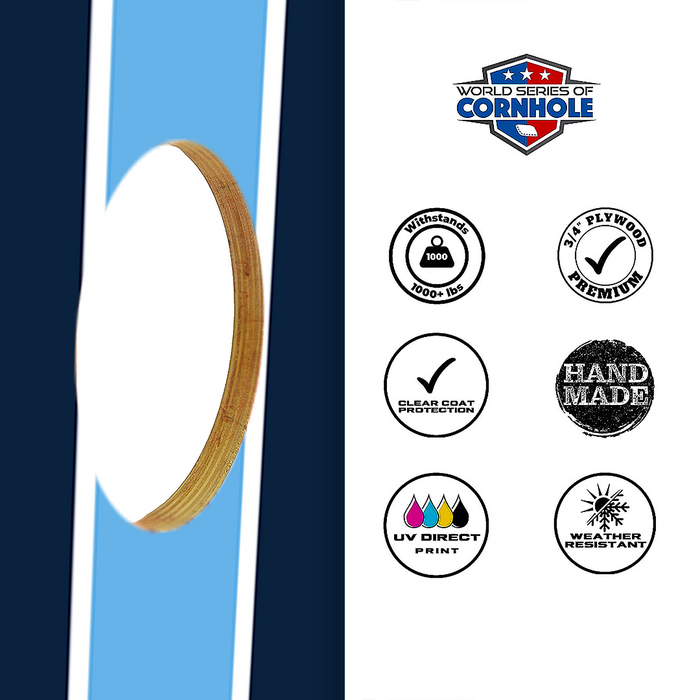 World Series of Cornhole Recreational Cornhole Set - Navy and Baby Blue Stripes Boards with Navy and Turquoise Bags