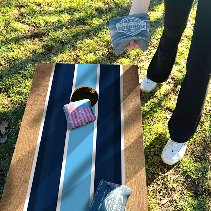 World Series of Cornhole Recreational Cornhole Set - Navy and Baby Blue Stripes Boards with Navy and Turquoise Bags