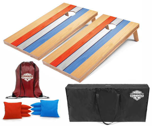 Recreational Cornhole Set World Series of Cornhole Recreational Cornhole Set - Retro USA Striped Boards with Orange and Baby Blue Bags