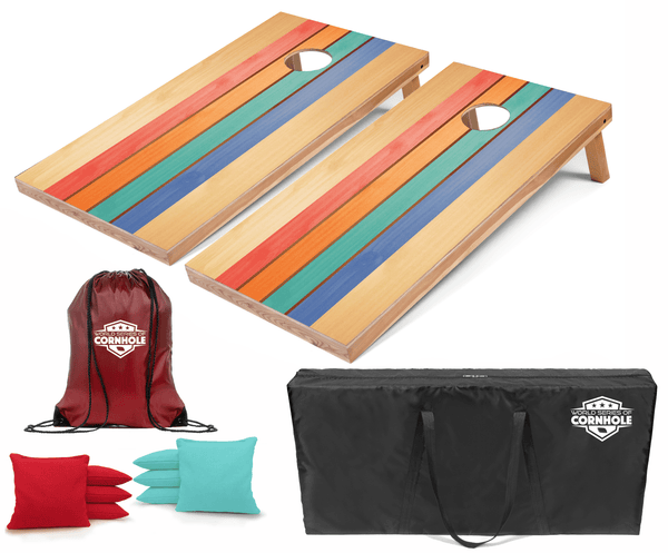 Recreational Cornhole Set World Series of Cornhole Recreational Cornhole Set - Retro Colored Stripes Boards with Red and Turquoise Bags