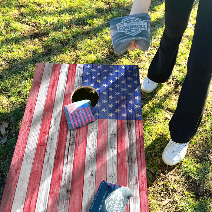 World Series of Cornhole Recreational Cornhole Set - Light American Flag Boards with Patriotic Bags