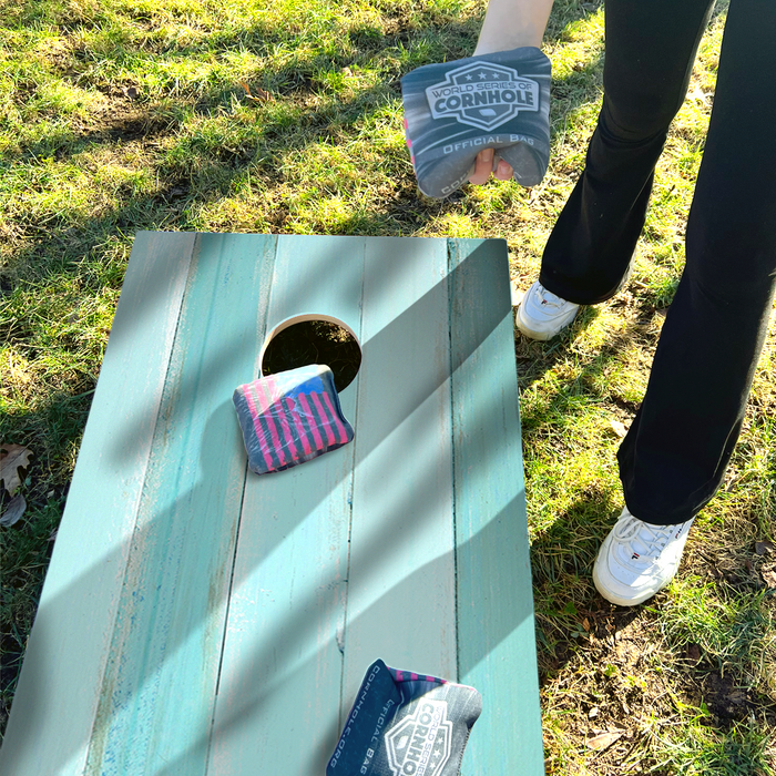 World Series of Cornhole Recreational Cornhole Set - Coastal Wood Plank Boards with White and Turquoise Bags