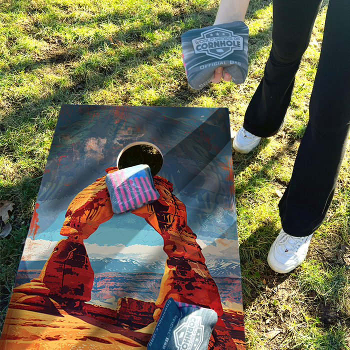 World Series of Cornhole Recreational Cornhole Set - Arches National Park Daytime Boards with Red and Royal Blue Bags