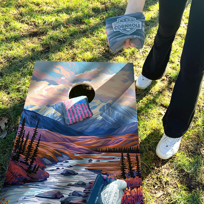 World Series of Cornhole Recreational Cornhole Set - Denali National Park Daytime Boards with Red and Royal Blue Bags