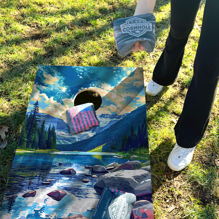 World Series of Cornhole Recreational Cornhole Set - Glacier National Park Daytime Boards with Red and Royal Blue Bags