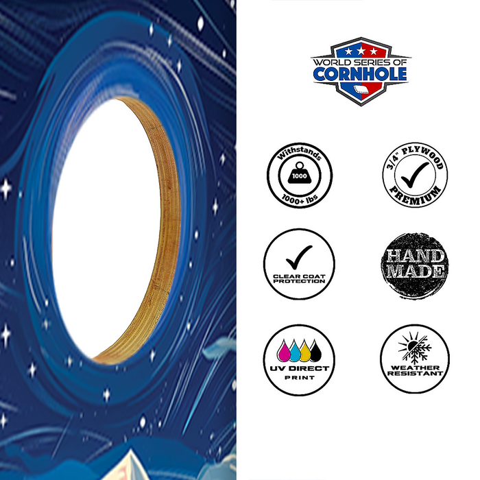 World Series of Cornhole Recreational Cornhole Set - Denali National Park Nighttime Boards with Red and Royal Blue Bags