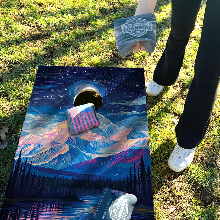 World Series of Cornhole Recreational Cornhole Set - Denali National Park Nighttime Boards with Red and Royal Blue Bags