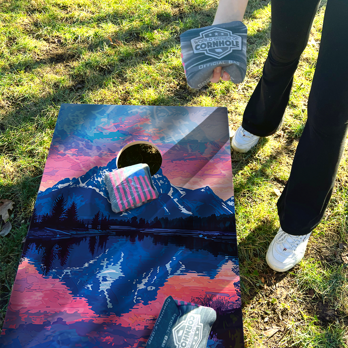 World Series of Cornhole Recreational Cornhole Set - Grand Teton National Park Nighttime Boards with Red and Royal Blue Bags