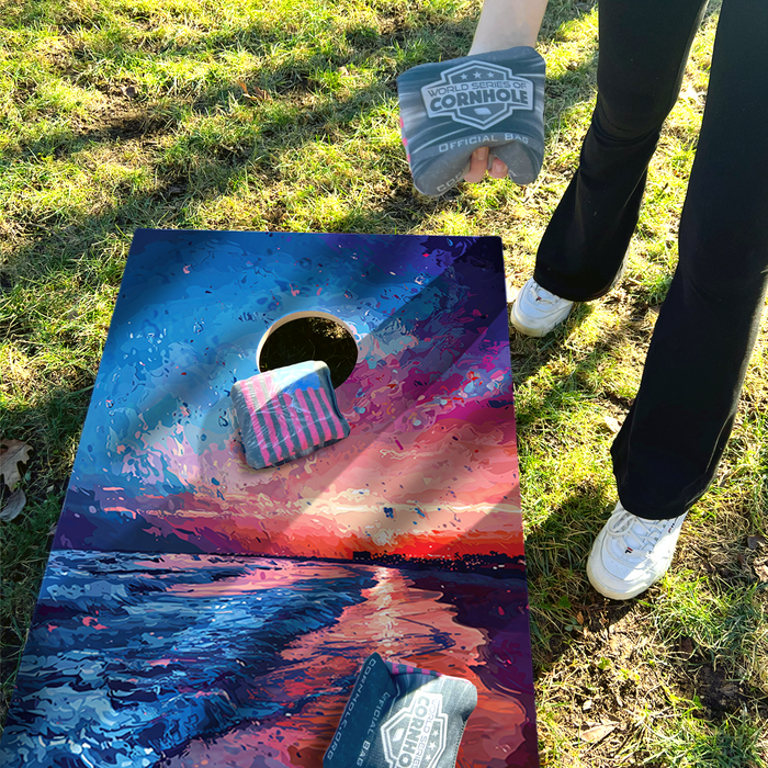World Series of Cornhole Recreational Cornhole Set - Gulf Shores National Park Nighttime Boards with Red and Royal Blue Bags