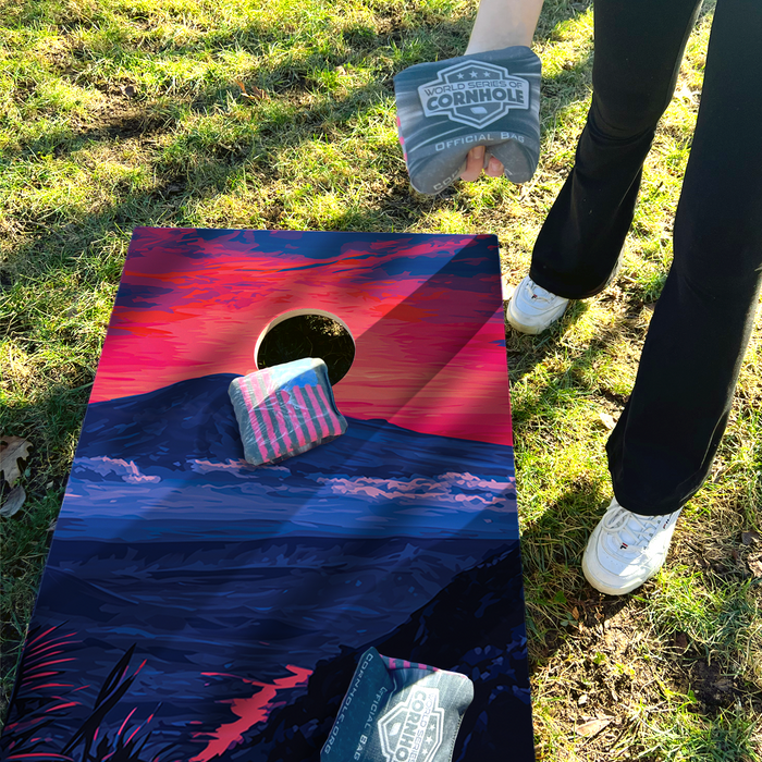 World Series of Cornhole Recreational Cornhole Set - Hawaii Volcanoes National Park Nighttime Boards with Red and Royal Blue Bags