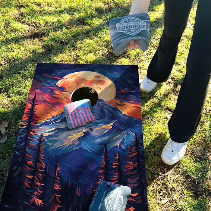 World Series of Cornhole Recreational Cornhole Set - Mt. Olympus National Park Nighttime Boards with Red and Royal Blue Bags