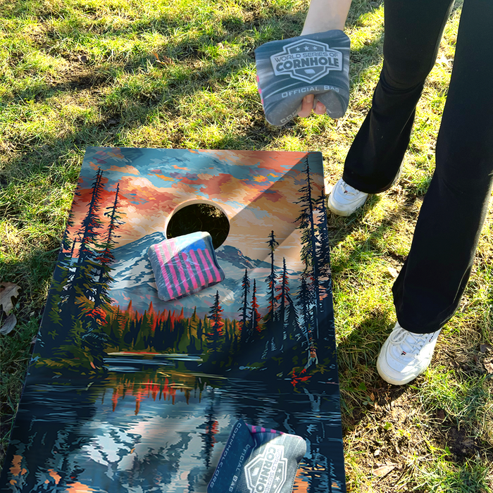 World Series of Cornhole Recreational Cornhole Set - Mt. Rainier National Park Nighttime Boards with Red and Royal Blue Bags