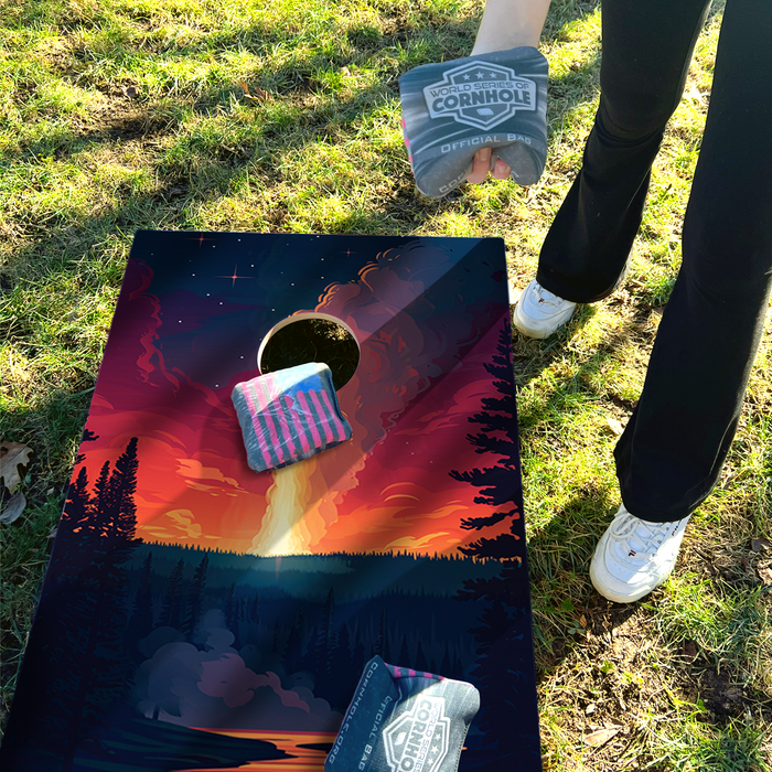 World Series of Cornhole Recreational Cornhole Set - Yellowstone Old Faithful National Park Nighttime Boards with Red and Royal Blue Bags