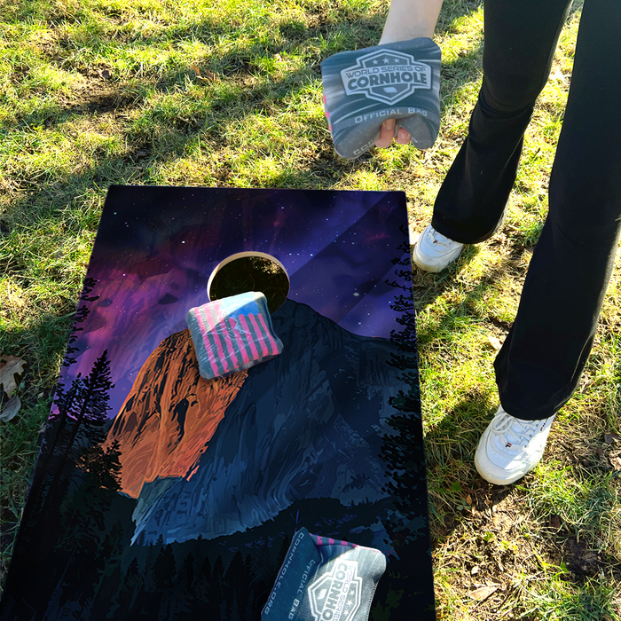 World Series of Cornhole Recreational Cornhole Set - Yosemite National Park Nighttime Boards with Red and Royal Blue Bags