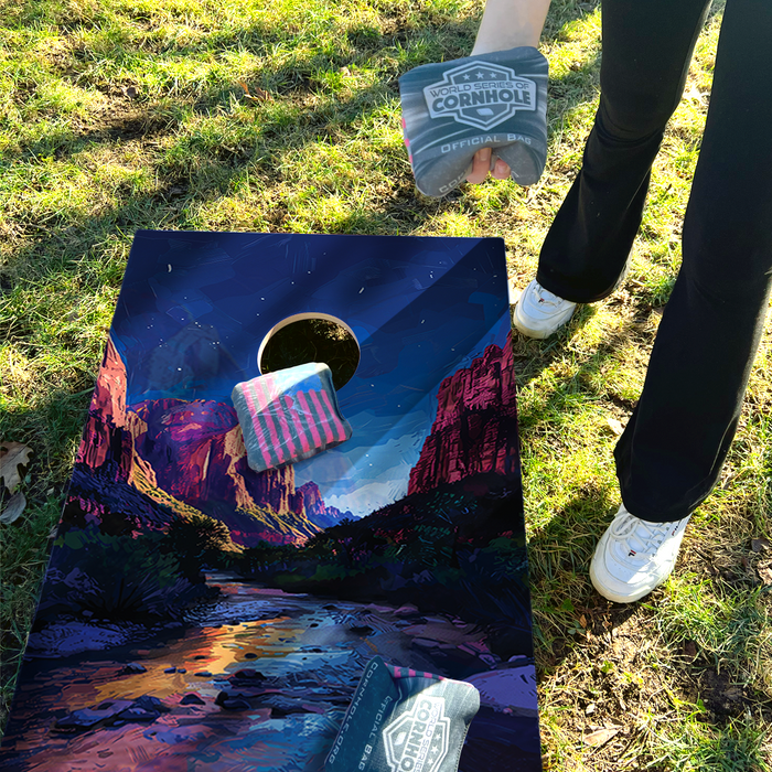 World Series of Cornhole Recreational Cornhole Set - Zion National Park Nighttime Boards with Red and Royal Blue Bags