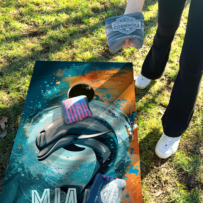 World Series of Cornhole Recreational Cornhole Set - Miami Dolphins Boards with Orange and Aqua Bags