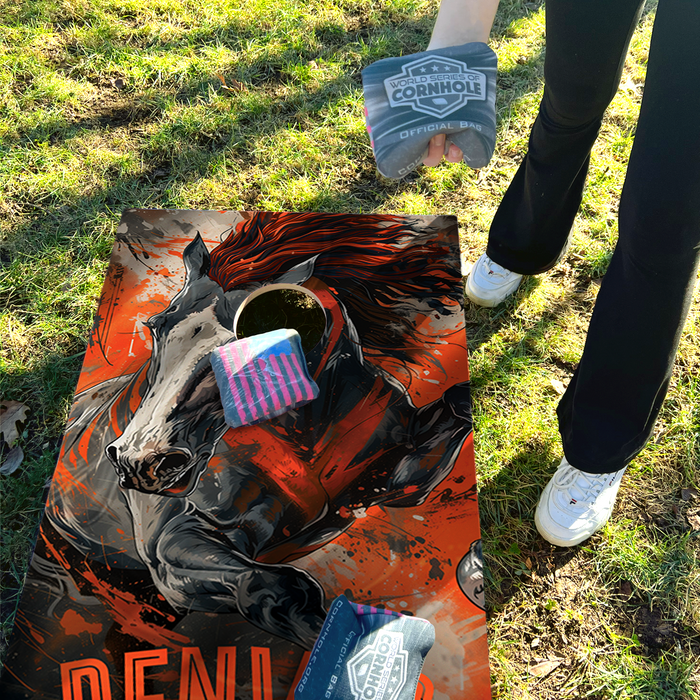 World Series of Cornhole Recreational Cornhole Set - Denver Broncos Boards with Orange and Navy Blue Bags