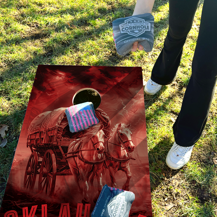 World Series of Cornhole Recreational Cornhole Set - Oklahoma Sooners Boards with Red and White Bags