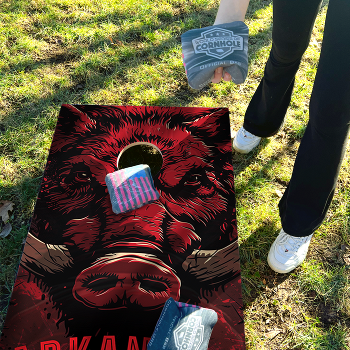 World Series of Cornhole Recreational Cornhole Set - Arkansas Razorbacks Boards with Red and White Bags