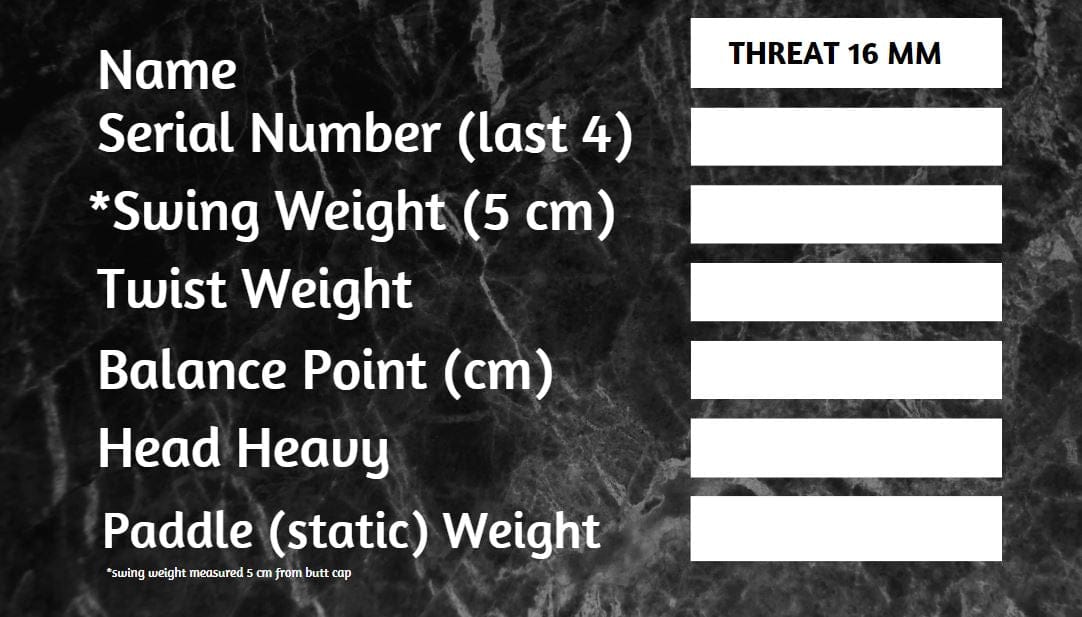 Pickleball Paddle 124 (Pro Singles) THREAT 16 SINGLES Includes custom weight card, paddle cover, paddle eraser, and lead weights.