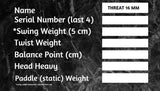 Pickleball Paddle 124 (Pro Singles) THREAT 16 SINGLES Includes custom weight card, paddle cover, paddle eraser, and lead weights.