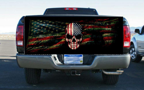 Grunge American Flag and Skull Rear Tailgate Wrap Vinyl Graphic Decal Sticker