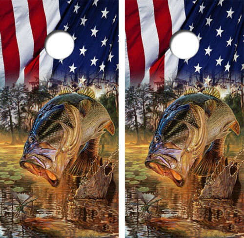 Jumping Bass American Flag Cornhole Design
