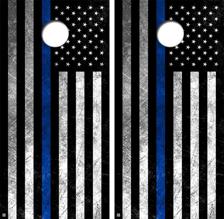 Grunge Blue Lives Flag Cornhole Design