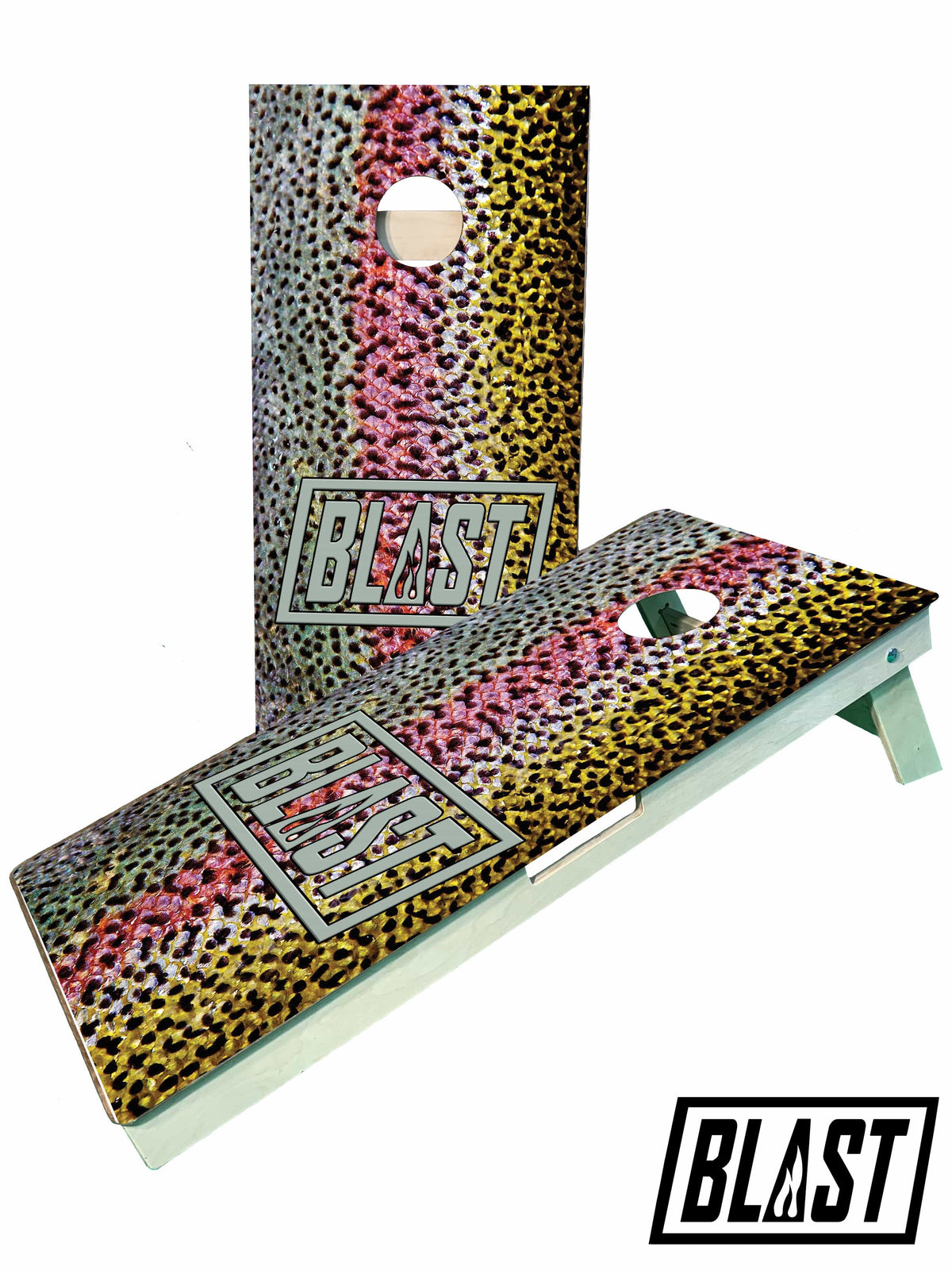 cornhole boards Blast Logo- Rainbow Trout Fishing Cornhole Boards