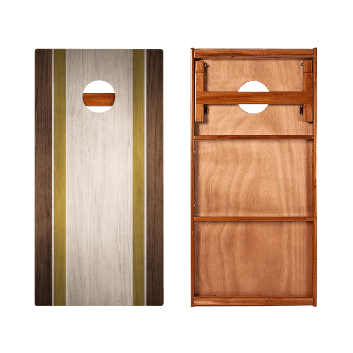 Classic Stripes Dark Wood Ivory and Gold Silver Series Cornhole Boards