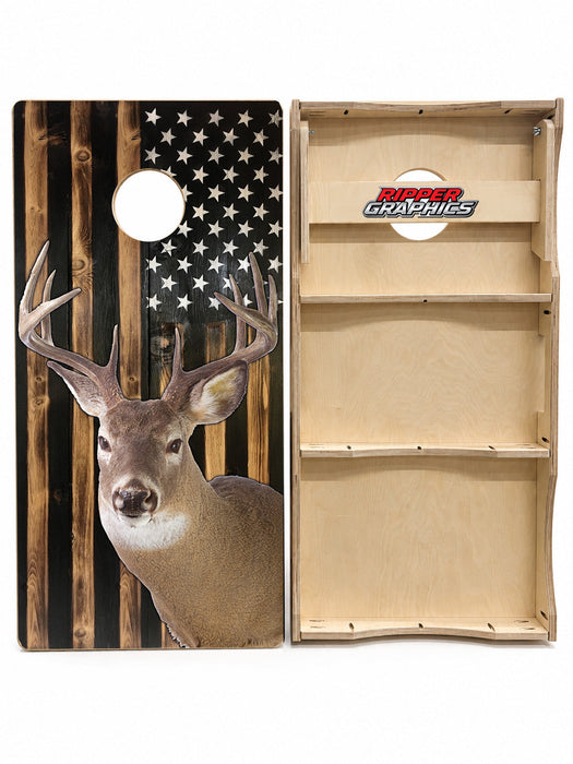 White Tail Deer Rustic American Flag Cornhole Design