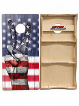 Patriotic Peace Sign Barnwood Cornhole Design