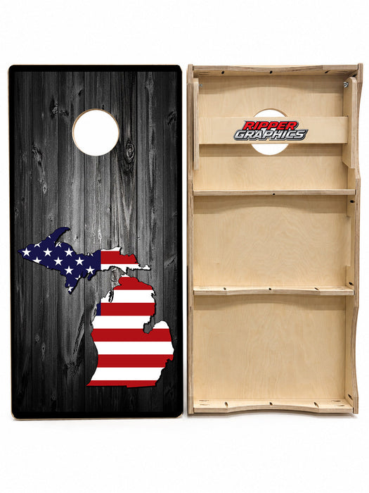 US Flag Michigan Barnwood Cornhole Design