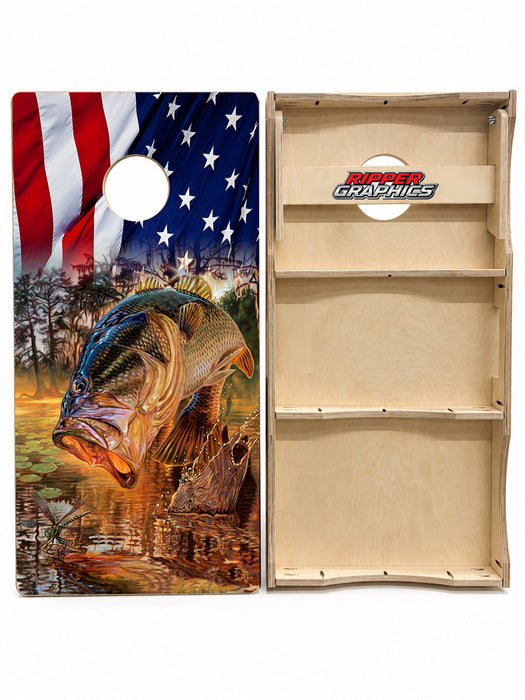Jumping Bass American Flag Cornhole Design