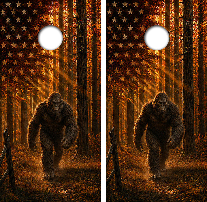 Sasquatch Big Foot American Flag Cornhole Design