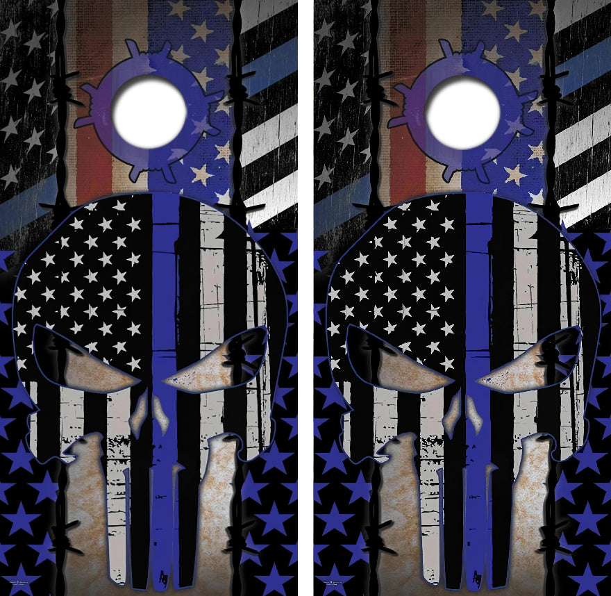 Blue Lives Matter Punisher Skull Cornhole Design