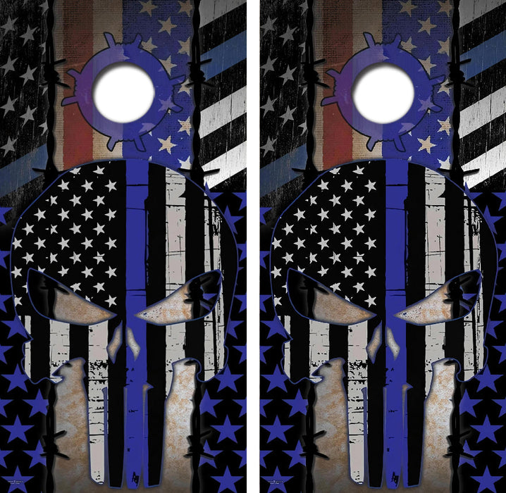 Blue Lives Matter Punisher Skull Cornhole Design