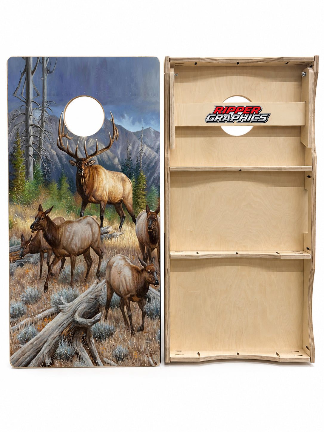 Mountain Ridge Bull Elk Cornhole Design