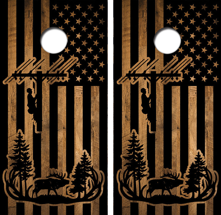 Elk Hunting Lineman American Flag Cornhole Design