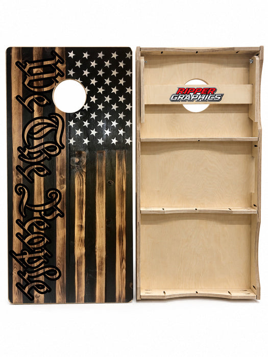 We The People Rustic American Flag Cornhole Design