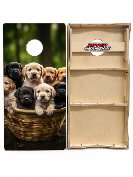 Basket of Cute Chocolate Labrador Retreive Puppies Cornhole Design