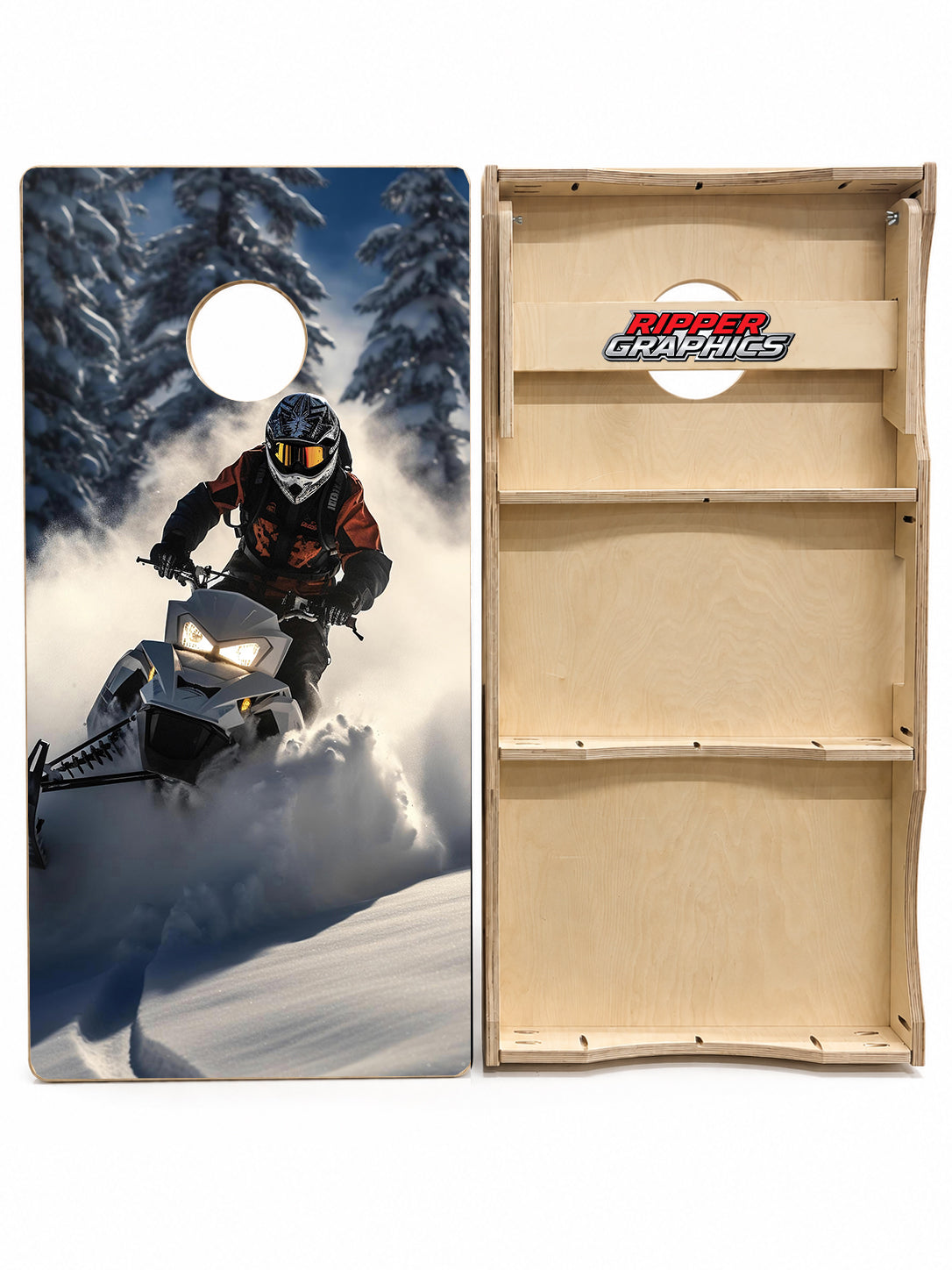 Snowmobiling in the Mountains Cornhole Design