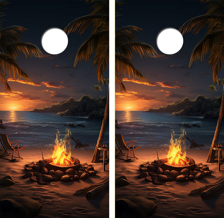 Fire on the Beach at Sun Set Cornhole Design