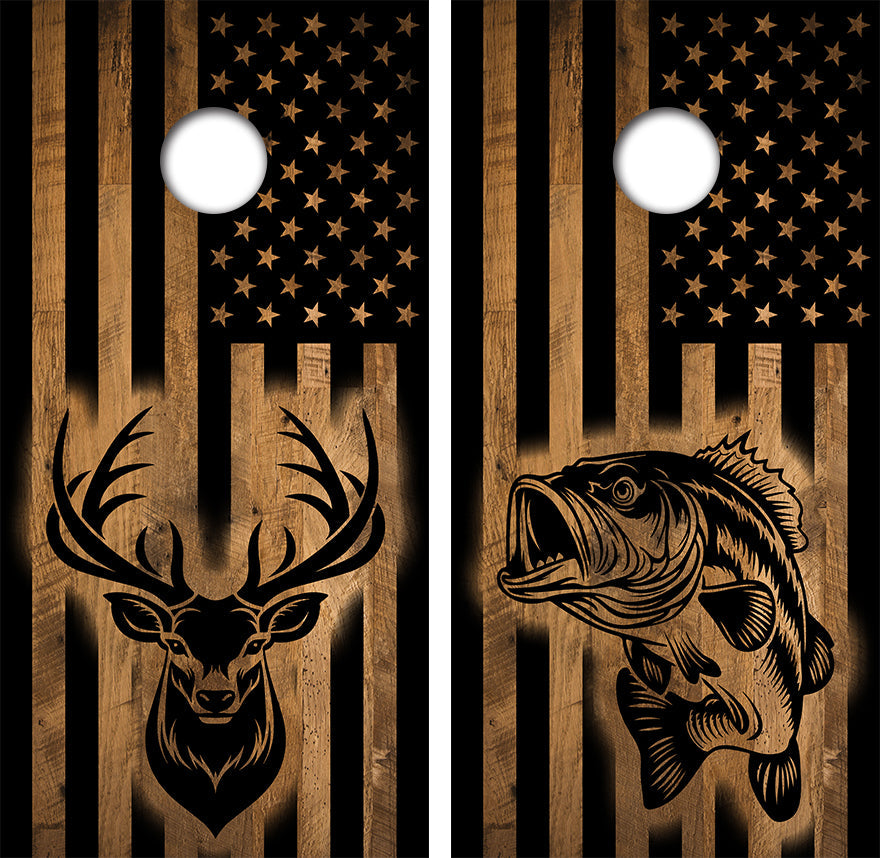 Deer Bass American Flag Cornhole Design