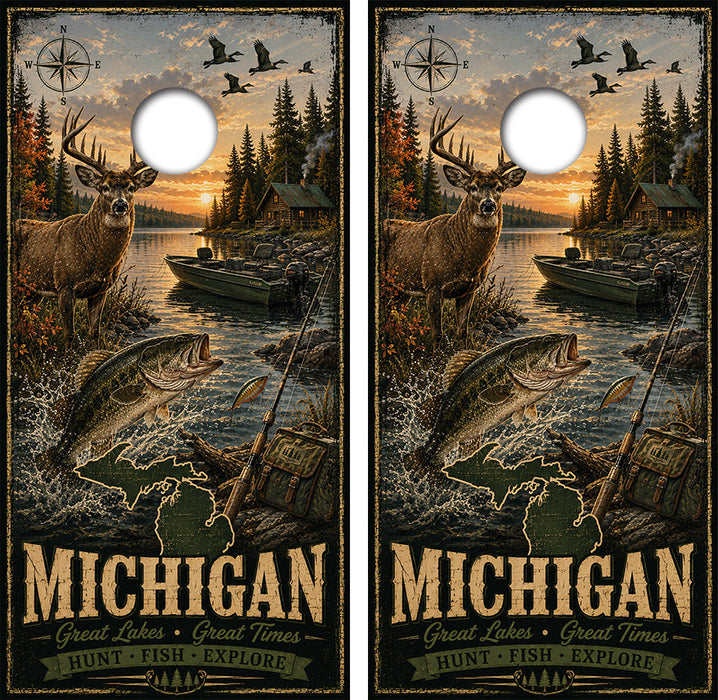 Michigan Hunt Fish Explore Cornhole Design