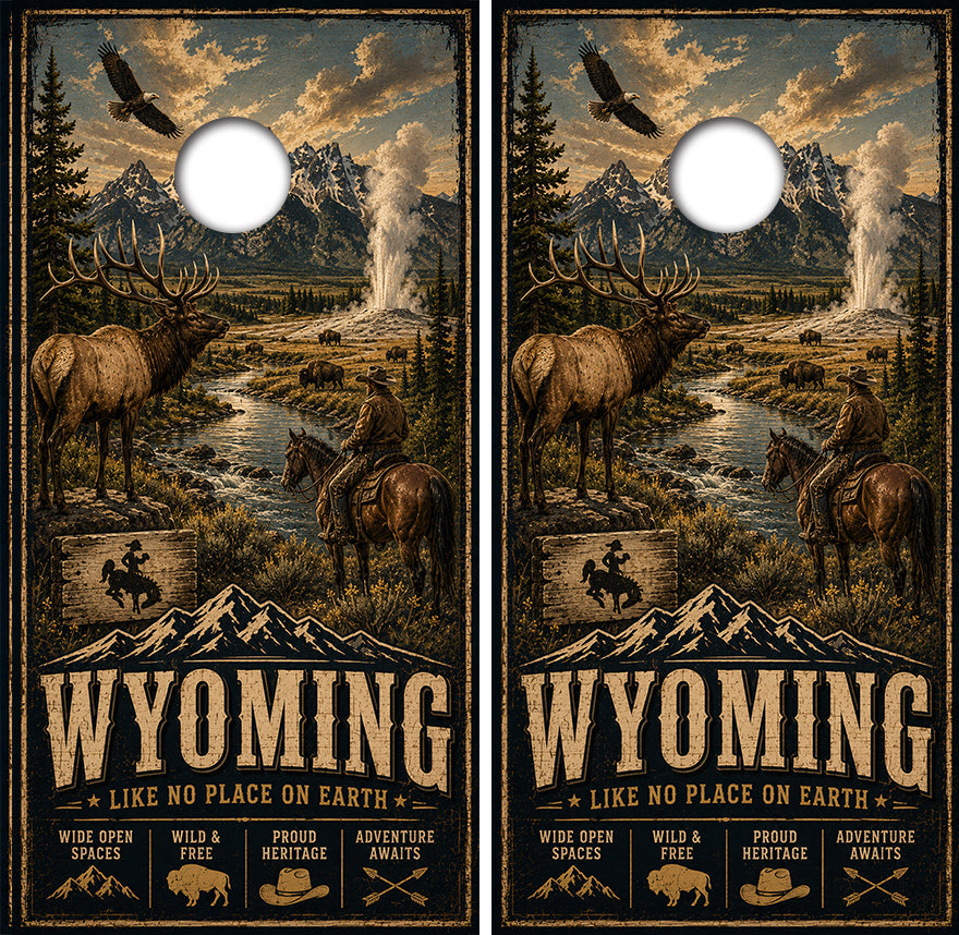 Wyoming Like No Place on Earth Cornhole Design
