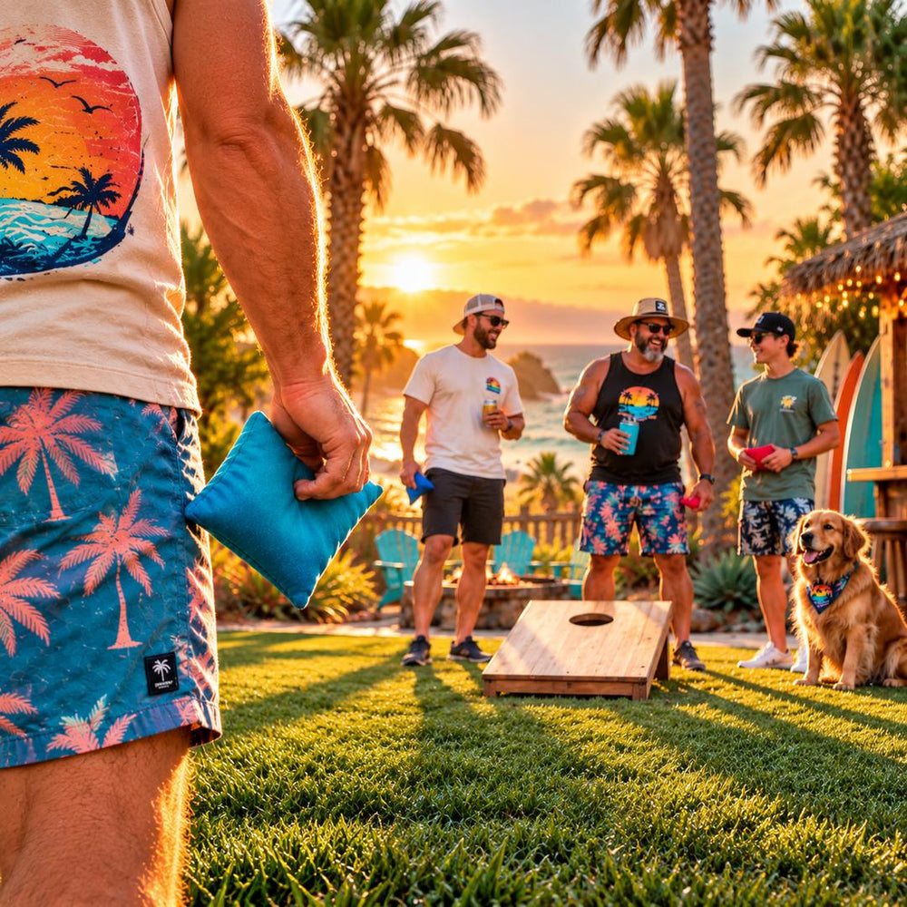 riends playing cornhole at sunset in a beachside backyard with a golden retriever.