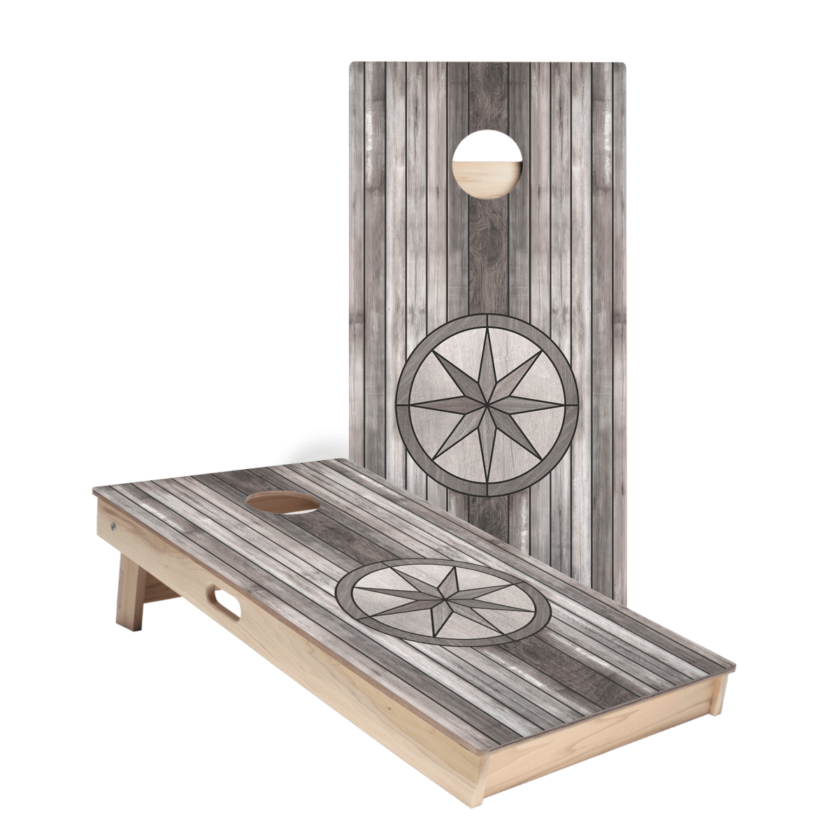 Gray Wood Compass Star Cornhole Boards