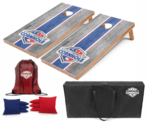 Recreational Cornhole Set World Series of Cornhole Recreational Cornhole Set - WSOC Gray and Blue Stripes Boards with Red and Blue Bags